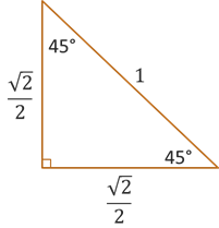 Image of a 45-45-90 triangle with the relative lengths of their sides. The two sides both have length √2/2 and the hypotenuse has length 1.