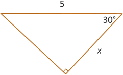 Image of a right triangle with a 30 degree angle, adjacent side x, and hypotenuse 5.