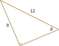 A right triangle with acute angle theta, opposite side of length 9 and hypotenuse of length 12.