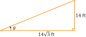 A right triangle with acute angle theta, opposite side of length 14, and adjacent side of length 14 square root of 3.