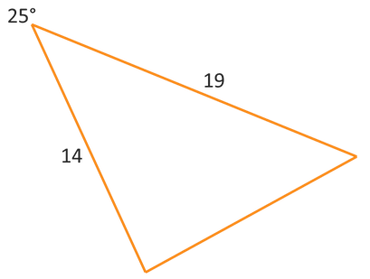 A triangle with side of length 14, another side of length 19, and the angle between the two sides has a measure of 25 degrees.