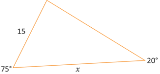 Illustration of a triangle with angle measuring 20 degrees and 75 degrees. The side between the two angles has length x. The other side adjacent to the 70 degree angle and opposite the 20 degree angle has length 15.