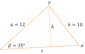 Triangle with angle beta = 35 degrees and unknown angles alpha and gamma. The side opposite angle beta is b = 10. The side opposite angle alpha is a = 12. The side opposite angle gamma is c. There is a line h extending from angle gamma to side c that is also perpendicular to side c.