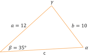 Triangle with angle beta = 35 degrees and unknown angles alpha and gamma. The side opposite angle beta is b = 10. The side opposite angle alpha is a = 12. The side opposite angle gamma is c.